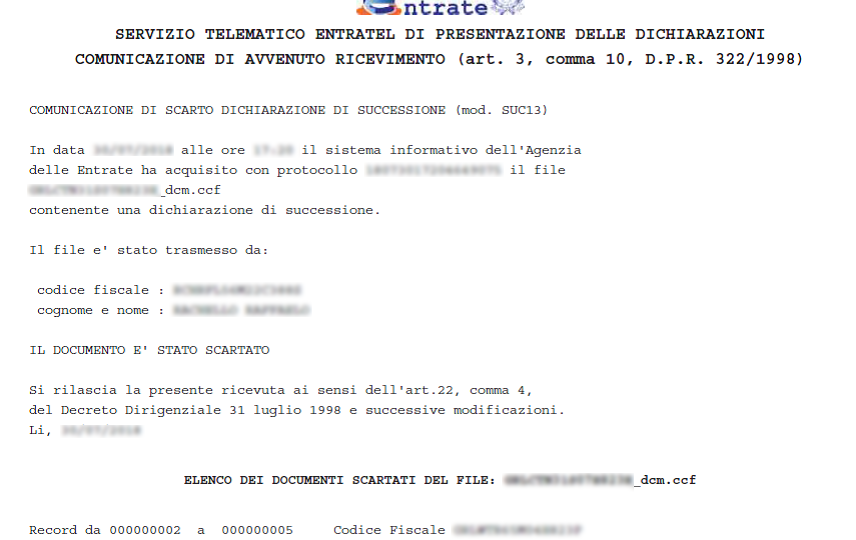 la notifica di scarto sul codice fiscale del dichiarante